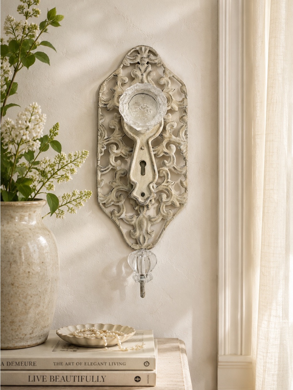 Vintage Cream Chic Wall Sconce Crystal Knob Hook French Country Cottagecore Keys